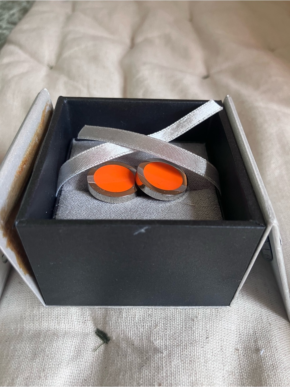 Orange Round Men's Cufflinks - Stainless Accent